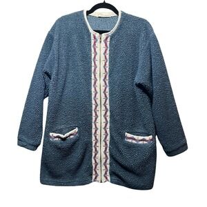 Vintage Norm Thompson Fleece Fill Zip Cardigan Aztec Trim Pockets Cozy Blue M‎